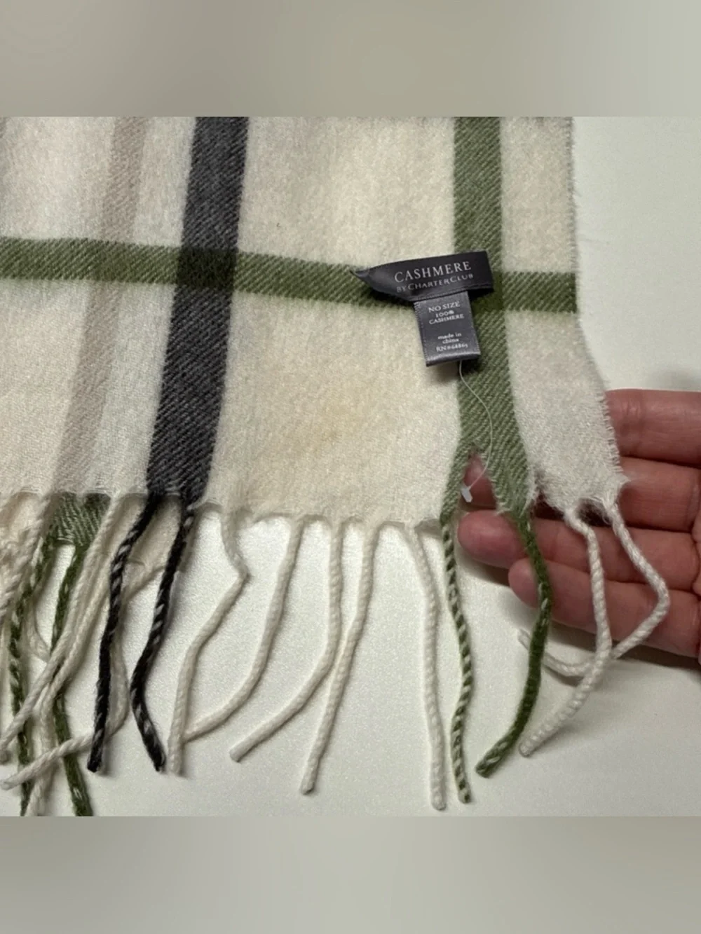 Charter Club Men’s Scarf Nova Check 100% Cashmere Cream Gray Green Preppy 10x62